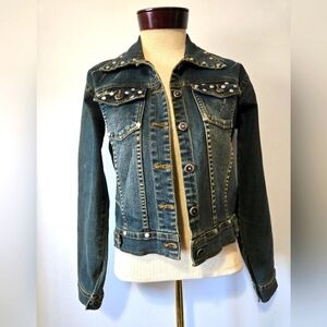 Max Plus Studded/ Scratched Denim Jacket. Size Small